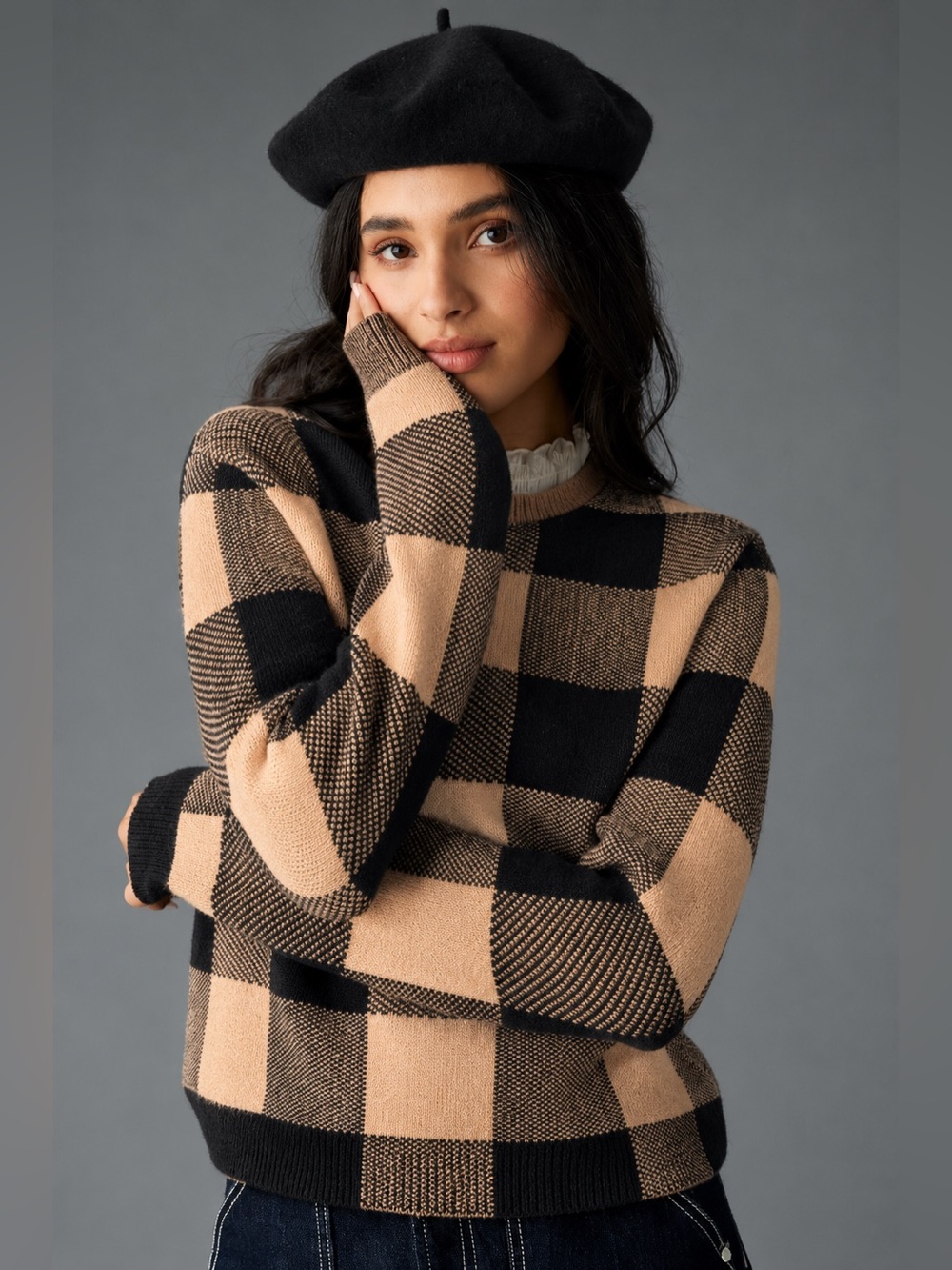 Anthropologie Plaid Ruffle Collar Pullover Sweater in Brown Black Buffalo Check